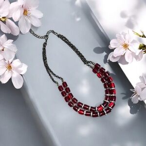 💎Red Beaded and Crystal Double-Strand Necklace